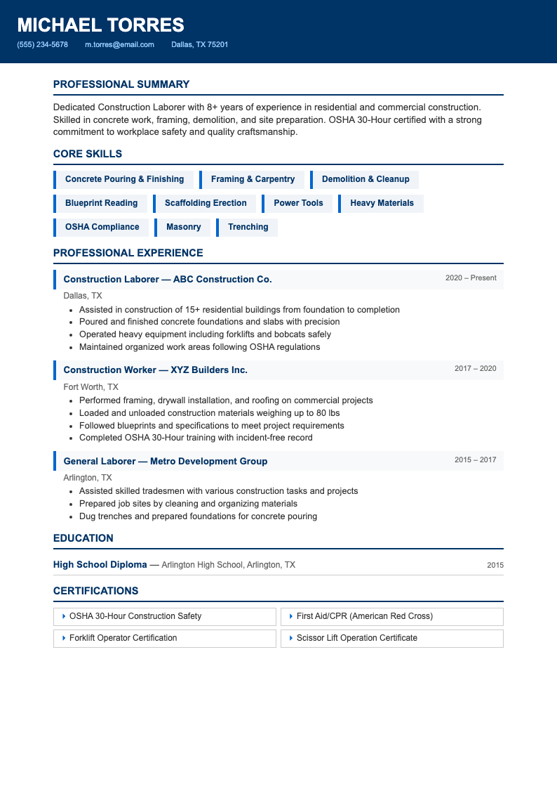 Corporate standard construction laborer resume